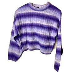 H&M Divided Rib-Knit Jumper Purple White Striped Cropped Sweater New Nwt Size Xs Purple Cable Knit Top For Fall, Winter Striped Pointelle Knit Sweater, Purple Textured Knit Crew Neck Top, Spring Ribbed Purple Sweater, Casual Purple Stretch Sweater, Casual Stretch Purple Sweater, Trendy Purple Knitted Tops, Striped Knit Cropped Sweater For Winter, Striped Cropped Sweater