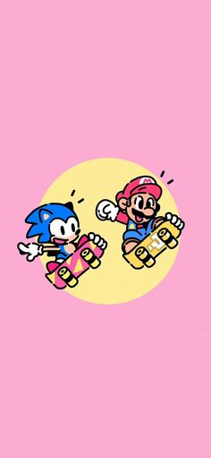 an image of two cartoon characters on skateboards in front of a pink background with yellow and blue circles