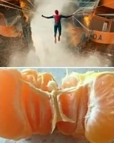 two pictures, one showing an orange being cut in half and the other shows a person jumping