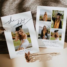 two graduation photos are on top of a card with the words, she did it