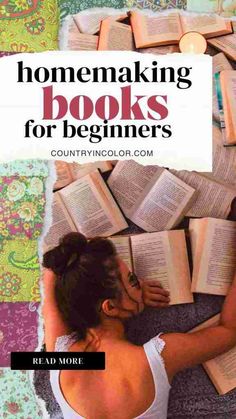 woman laying in a pile of books Books For Homemakers, Books On Homemaking, Homemaking Books, Homestead Books, Household Chores Chart, Modern Homemaking, Housewife Life, Modern Homemaker