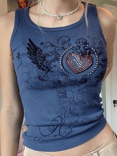 Y2K E-Girls Floral Long Sleeve Crop Top Heart Rhinestone Rib Crop Tank Top - AnotherChill Trendy Summer Fits, Heart Rhinestone, Black Crop Top Tank, Grunge Vintage, Graphic Tank Tops, Knitted Tops, Cropped Tops, Crop Tank Top, Ribbed Tank Tops