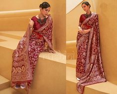 Silk Saree Red, Red Color Saree, Saree Trending, Maroon Red Color, Blouse With Border, Designer Silk Saree, Saree Red, Unique Sarees, Chikankari Saree