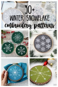 snowflake embroidery patterns are featured in this collage with text that reads, winter snowflake embroidery patterns