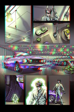 an image of a comic strip with cars and people in the background at night time