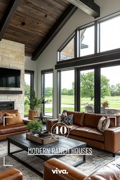 a living room with leather furniture and large windows