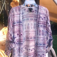 Pretty Embroidered Lace On Sleeves & On Bottom Of Front. Armpit To Armpit 17 Inches, Length 33 1/2 Inches, 100% Rayon. Size: S (6/6x) Purple Printed Tops With Relaxed Fit, Summer Printed Purple Tops, Purple Printed Summer Top, Purple Short Sleeve Beach Top, Casual Printed Purple Tops, Summer Purple Printed Tops, Casual Purple Printed Tops, Purple Printed Cotton Tops, Purple Printed Beach Tops