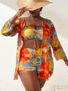 Multicolor  Collar   All Over Print  Embellished High Stretch  Women Plus Clothing Fits Inspo, Summer Fits, Beach Covers, Airport Outfit, Bra Women, Concert Outfit, Swim Trunks, Date Night Outfit