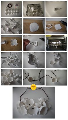 many different pictures of white flowers and silver objects