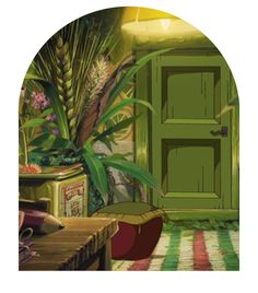 a green door and some plants in a room