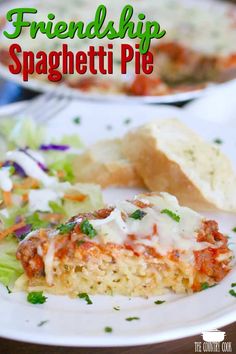 a plate with some food on it and the words friendship spaghetti pie above it