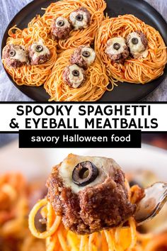 spooky spaghetti and eyeball meatballs with savory halloween food