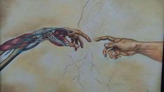 two hands touching each other with their arms and muscles visible in the painting above them