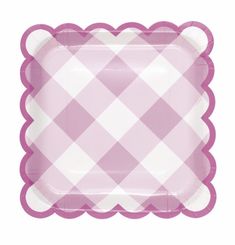 a purple and white checkered paper plate with scalloped edges