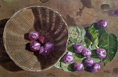 a painting of purple flowers in a wicker basket next to green leafy leaves