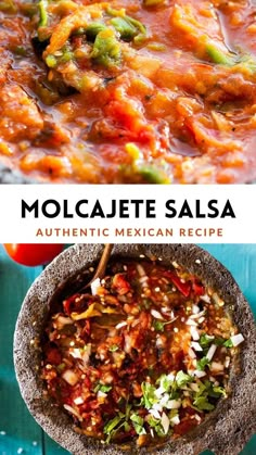 two pictures with different types of food in them and the words molajete salsa on