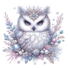 an owl with blue eyes sitting on top of a flowery branch and surrounded by snowflakes