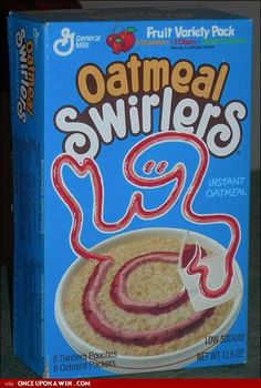 an oatmeal swirlers cereal box sitting on a table