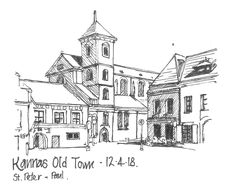 a drawing of a building with a steeple on it's side and the words kalmaros old town in front