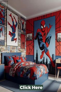 a bedroom with spiderman wallpaper and pictures on the walls