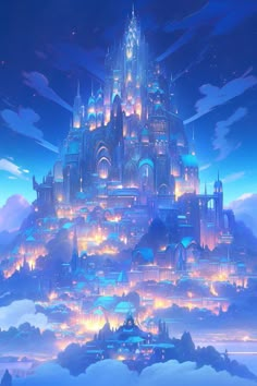 an animated castle in the sky with clouds and stars above it, surrounded by bright lights