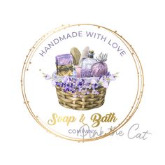 soap and bath products in a basket with the words handmade with love on it