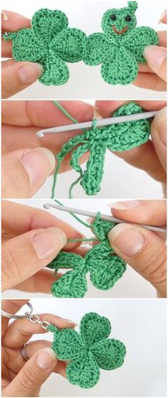 the crochet shamrock is being worked on