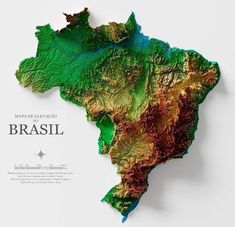 the map of brazil is made up of green, brown and red colors on white paper