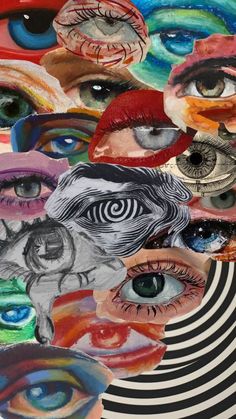 an abstract painting with many different colored eyes