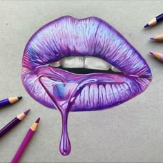 a drawing of a woman's lips with purple liquid dripping from the lip, and colored pencils surrounding it