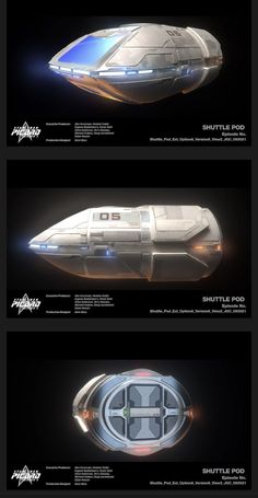 three different views of a futuristic ship in the dark