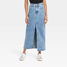 Women's Denim Maxi Skirt - Universal Thread™ : Target Jean Skirts Long, Jean Maxi Skirt Outfit, Jean Skirt Long, Denim Skirt Long, Jean Maxi Skirt, Long Denim Skirts, Maxi Jean Skirt, Jean Skirt Outfits, Long Jean Skirt