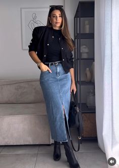 Jean Skirt Outfits, Modest Casual Outfits, Denim Skirt Outfits, Chique Outfits, Maxi Skirt Outfits, Everyday Fashion Outfits