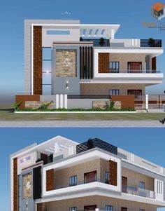 two different views of the front and side of a house