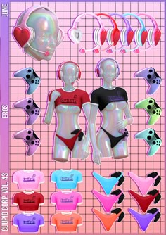 an image of some different types of clothes and accessories on a pink gridded background