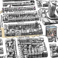 an illustrated map shows the locations of sydney's streets, including buildings and shops