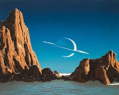 an artist's rendering of two distant objects in the sky above some snowy mountains