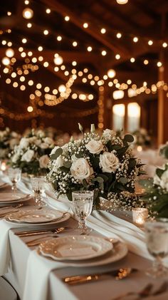 Stunning white wedding table with white roses and fairy lights Candle Light Wedding Table, White Flower Wedding Table Decor, Elegant Farmhouse Wedding Centerpieces, White Peonies Wedding Centerpieces, Fairy Light Wedding Table Decor, White Roses At Wedding, Wedding Decor Lights Indoor, White And Greenery Wedding Decor, White Rose Decor Wedding