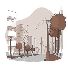 an illustration of a city street with tall buildings and trees on either side of the road