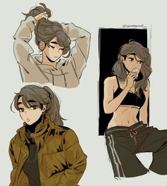 three different poses of a woman in brown jacket and black pants, one with her hand on her head