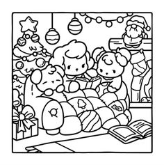 a black and white coloring page with teddy bears in the christmas tree, presents and gifts