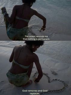 a woman sitting on top of a beach next to the ocean with words written in it