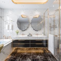 a bathroom with marble walls and flooring is shown in this image, there are mirrors on the wall above the sinks