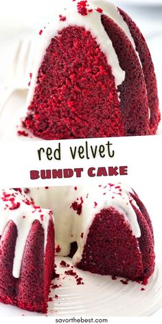 a red velvet bundt cake with white frosting