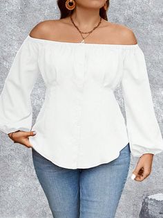 White Casual Collar Long Sleeve Woven Fabric Plain Top Embellished Non-Stretch  Women Plus Clothing Non-stretch White Blouse Affordable, White Non-stretch Cheap Blouse, White Breathable 4-way Stretch Tops, Casual White Off-shoulder Smocked Top, White Casual Peasant Top With 3/4 Sleeves, Lantern Sleeved Blouses, Draped Blouse, Printed Sleeveless Top, Slim Fit Top