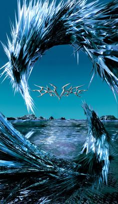 an artistic photo of ice crystals in the air with blue sky and water behind it