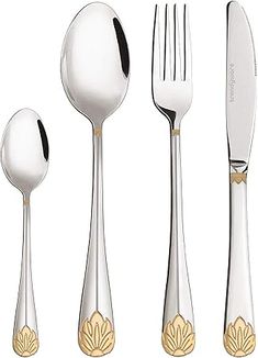 four forks, two spoons and one knife on a white background with gold accents