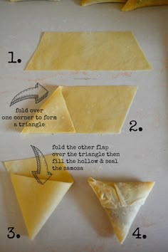 four different types of cheese are shown on the table with instructions for how to cut them