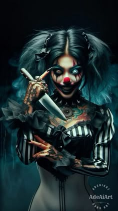 a creepy clown holding a knife in her hands