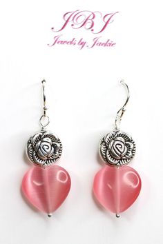 Pink Heart 14mm Cateye .925 Sterling Silver Earrings 1 1/2" Glass Beads Rose Handmade Jewel, Earring Designs, Earring Ideas, Handcrafted Artisan Jewelry, Handmade Jewelry Designs, Valentines Jewelry, Holiday Jewelry, Jewelry Designer, 925 Sterling Silver Earrings